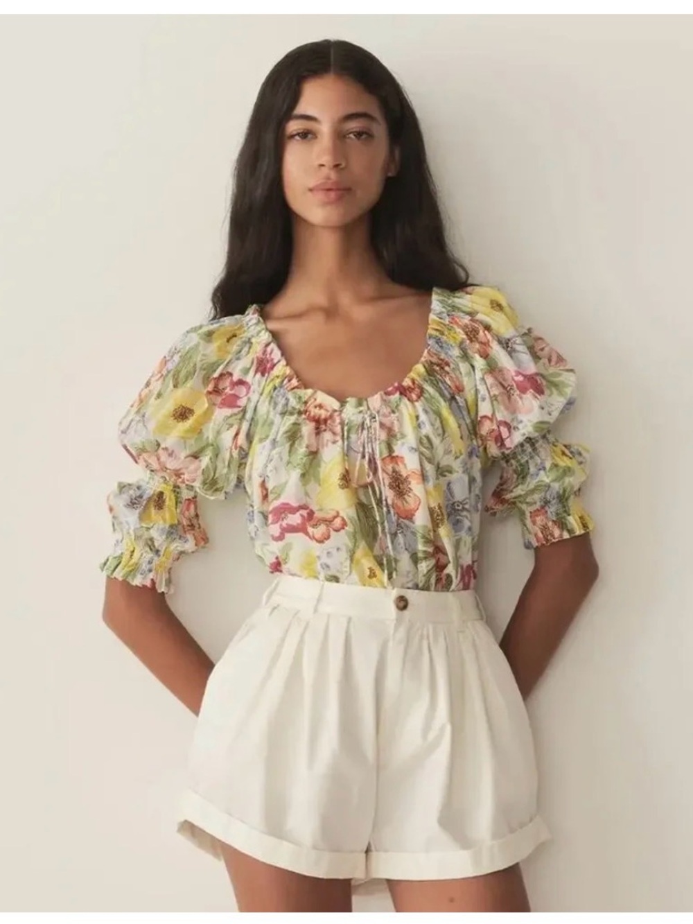 Doen Floral Puff-Sleeve Peasant Top in Multi Yellow and Pink Size S